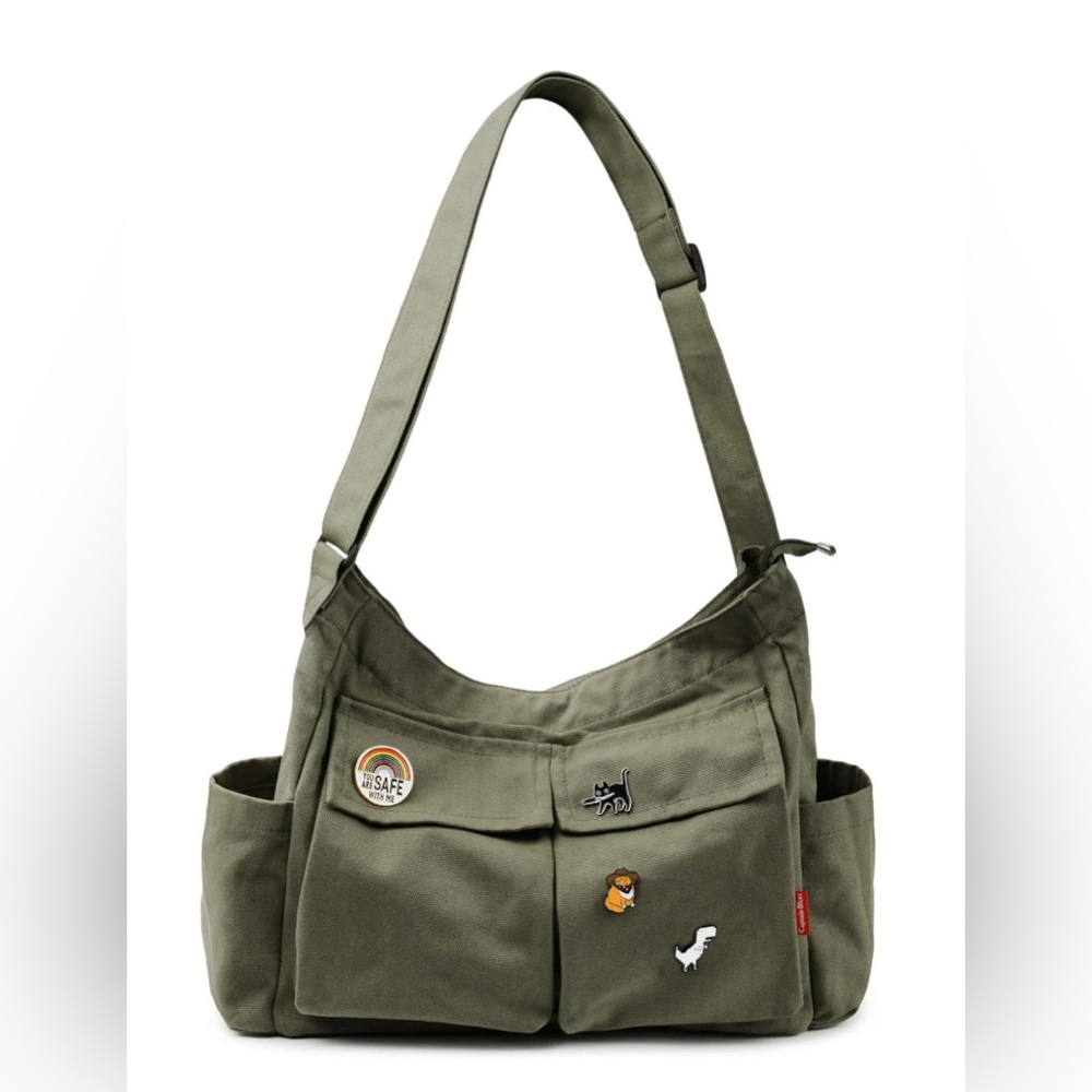 Olive Green Shoulder Bag with Pins New